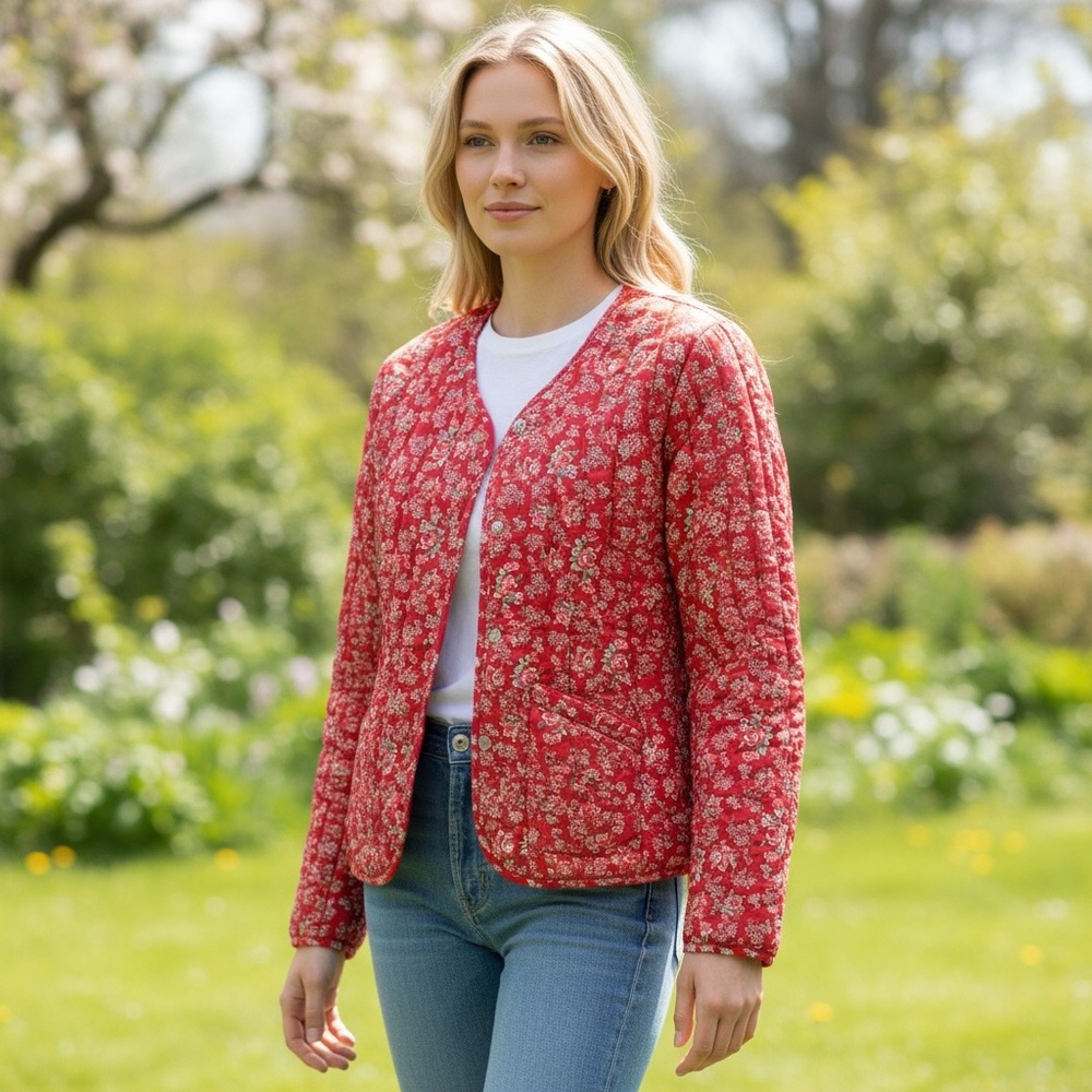 Red Floral Lightweight Quilted Duck Down Snap Button Cottagecore Puffer Size M